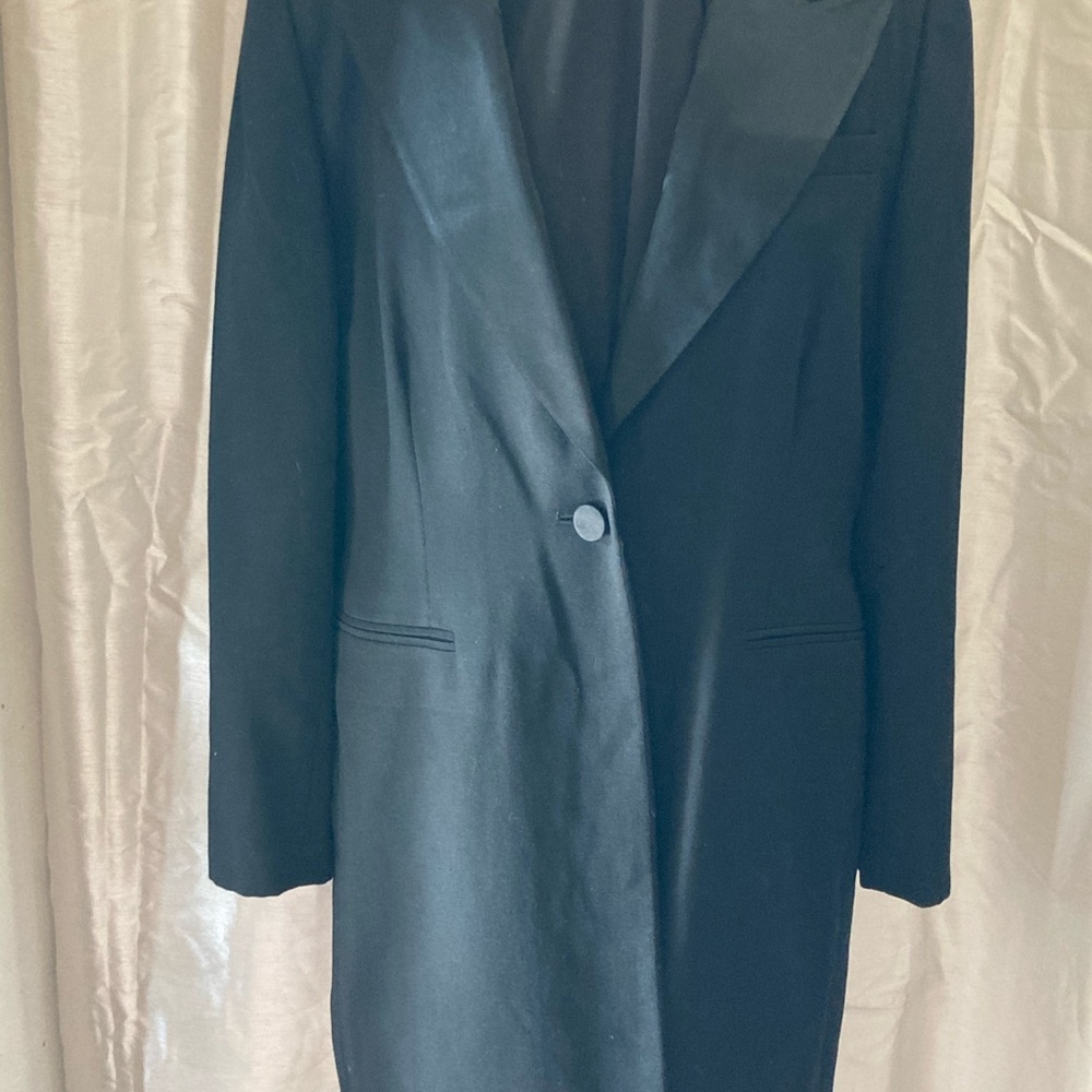 Elegant black Embassy Row wool tuxedo coat.